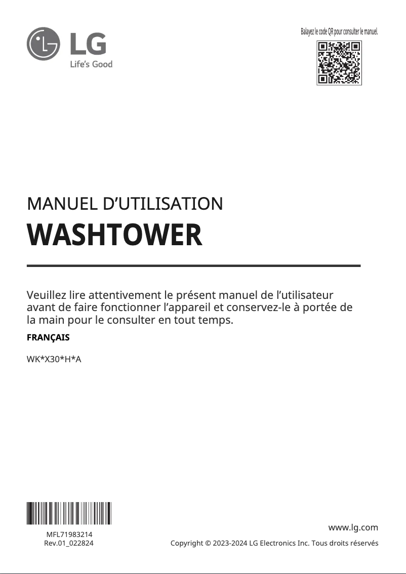 Page 1 de la notice Manuel utilisateur LG WKEX300HBA