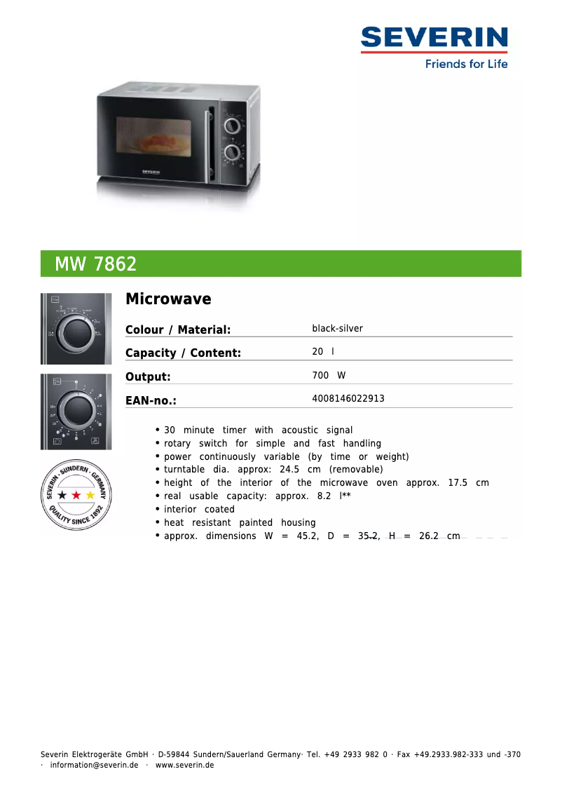 Page n°1 - Fiche technique Severin MW 7862