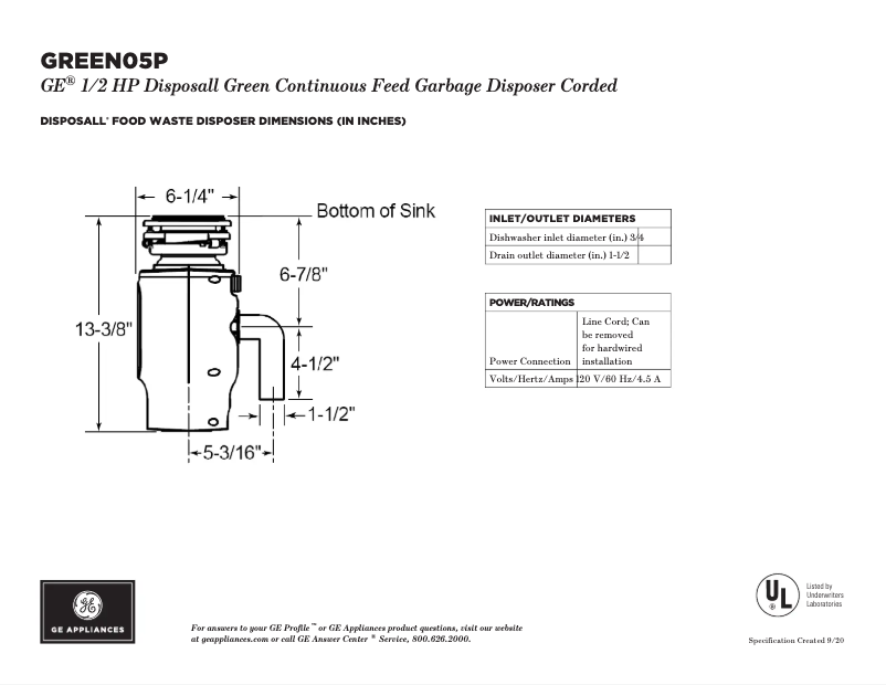 Page 1 de la notice Fiche technique GE GREEN05P