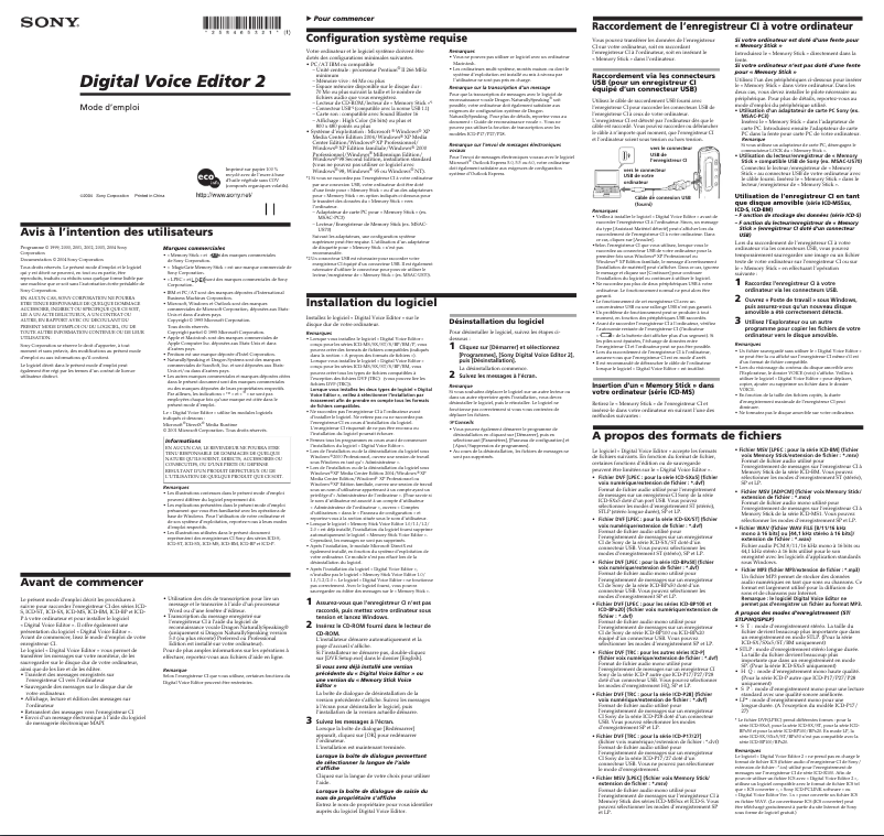 Page 1 de la notice Manuel utilisateur Sony ICD-P210