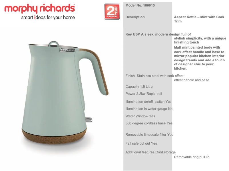 Page 1 de la notice Fiche technique Morphy Richards Aspect 100015