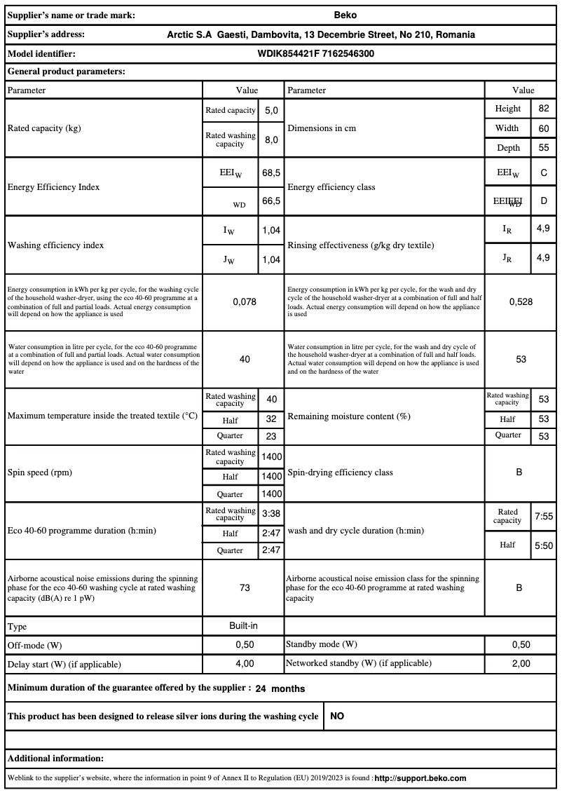 Page 1 de la notice Fiche technique Beko WDIK854421F