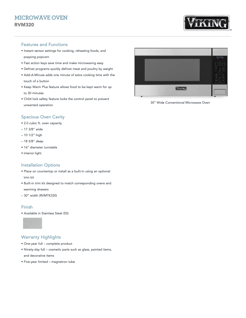 Página 1 del manual Ficha técnica Viking RVM320SS