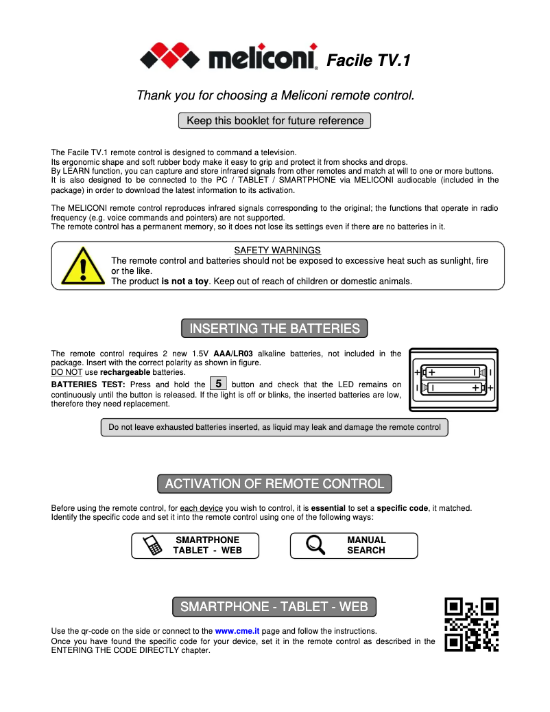 Page 1 de la notice Manuel utilisateur Meliconi Facile TV.1