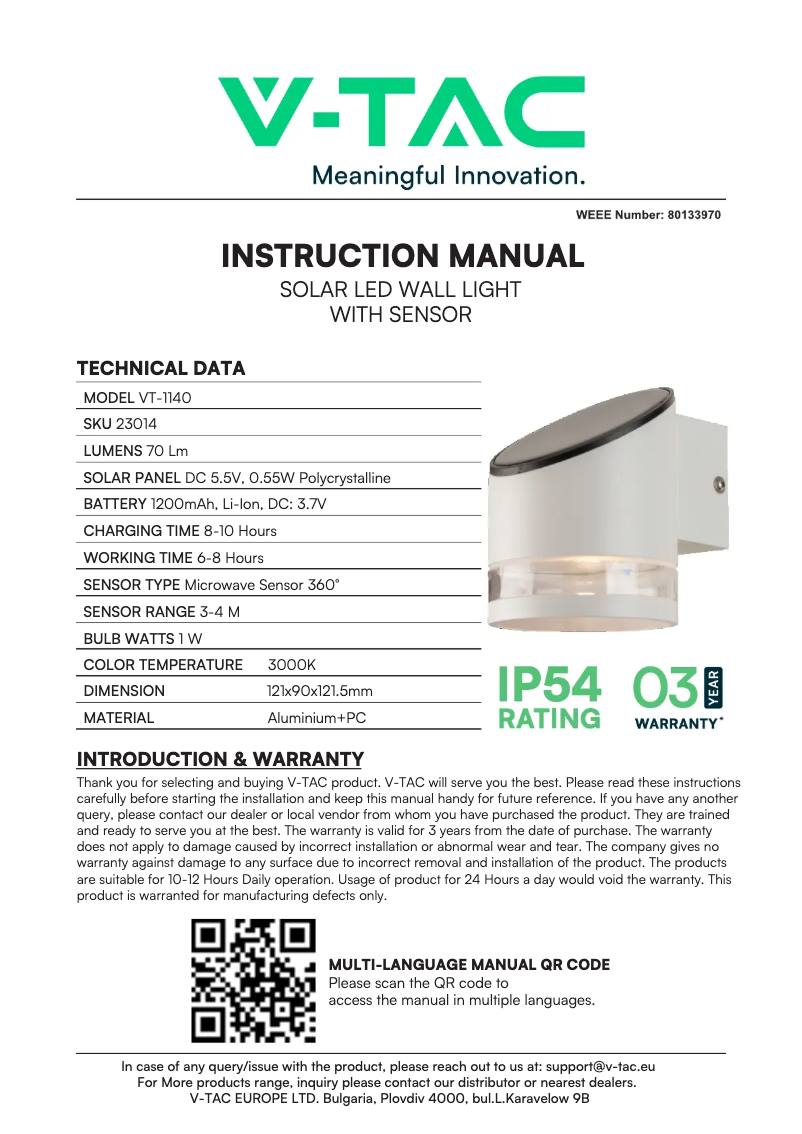 Page 1 de la notice Manuel utilisateur V-TAC VT-1140