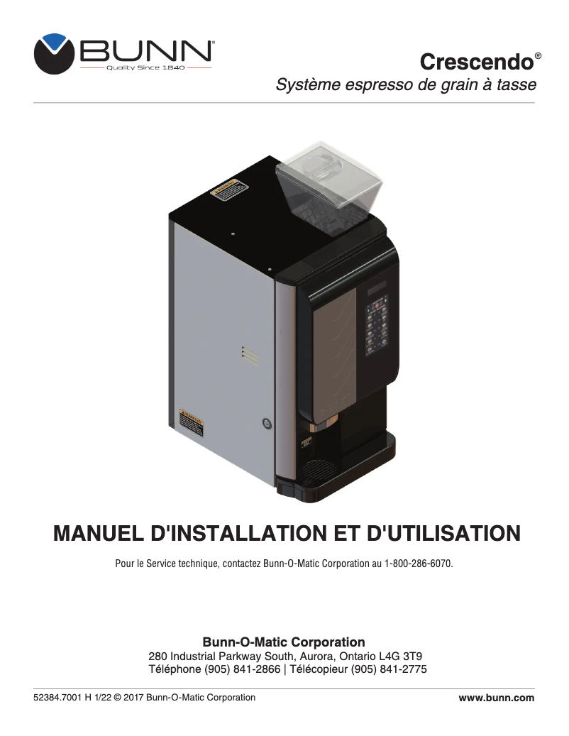 Page 1 de la notice Guide d'installation Bunn Crescendo