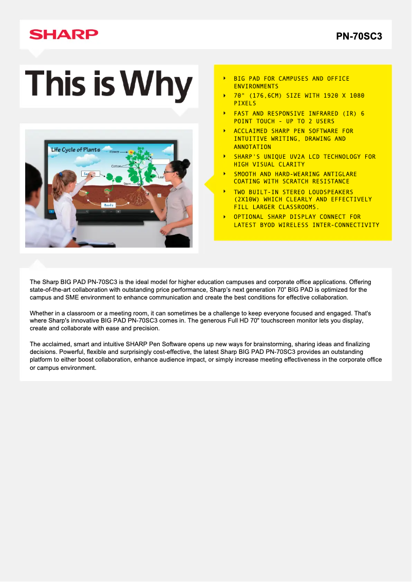 Page 1 de la notice Fiche technique Sharp PN-70SC3