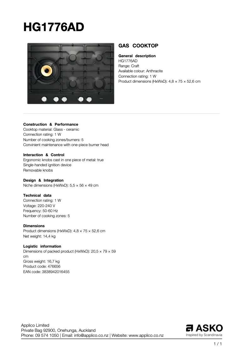 Page 1 de la notice Fiche technique Asko HG1776AD