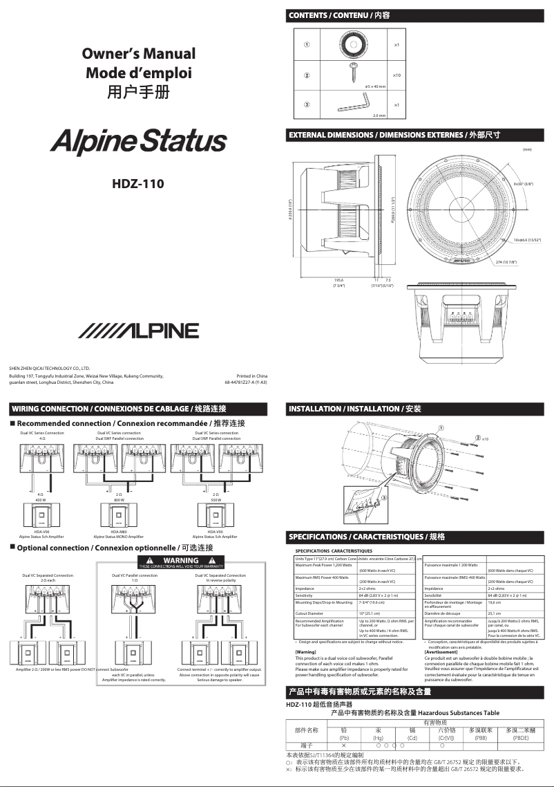 Page 1 de la notice Manuel utilisateur Alpine HDZ-110