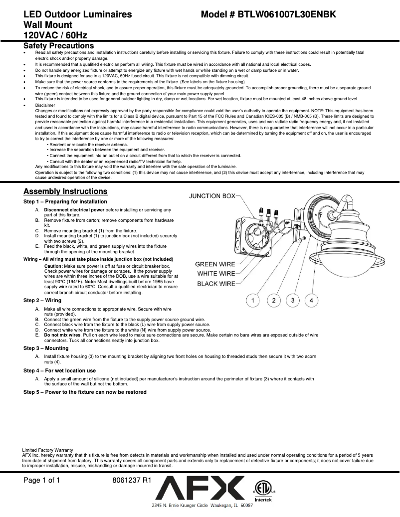 Page n°1 - Manuel utilisateur AFX Butler BTLW061007L30ENBK