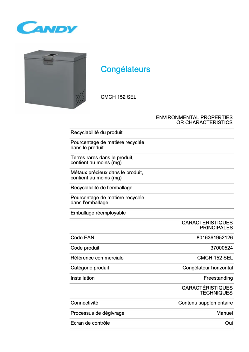 Page 1 de la notice Fiche technique Candy CMCH 152 SEL