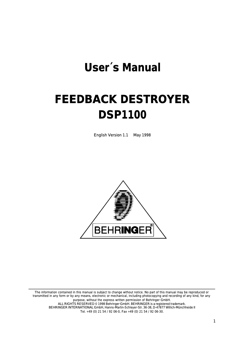 Page 1 de la notice Manuel utilisateur Behringer Feedback Destroyer DSP1100