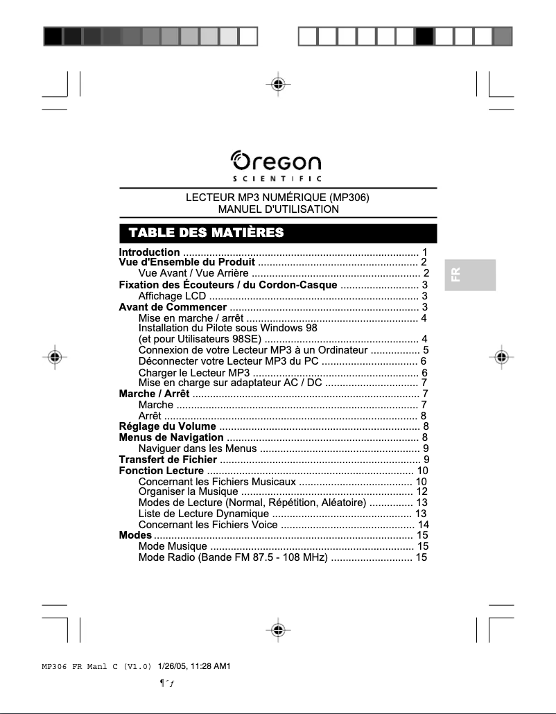 Page 1 de la notice Manuel utilisateur Oregon Scientific MP306