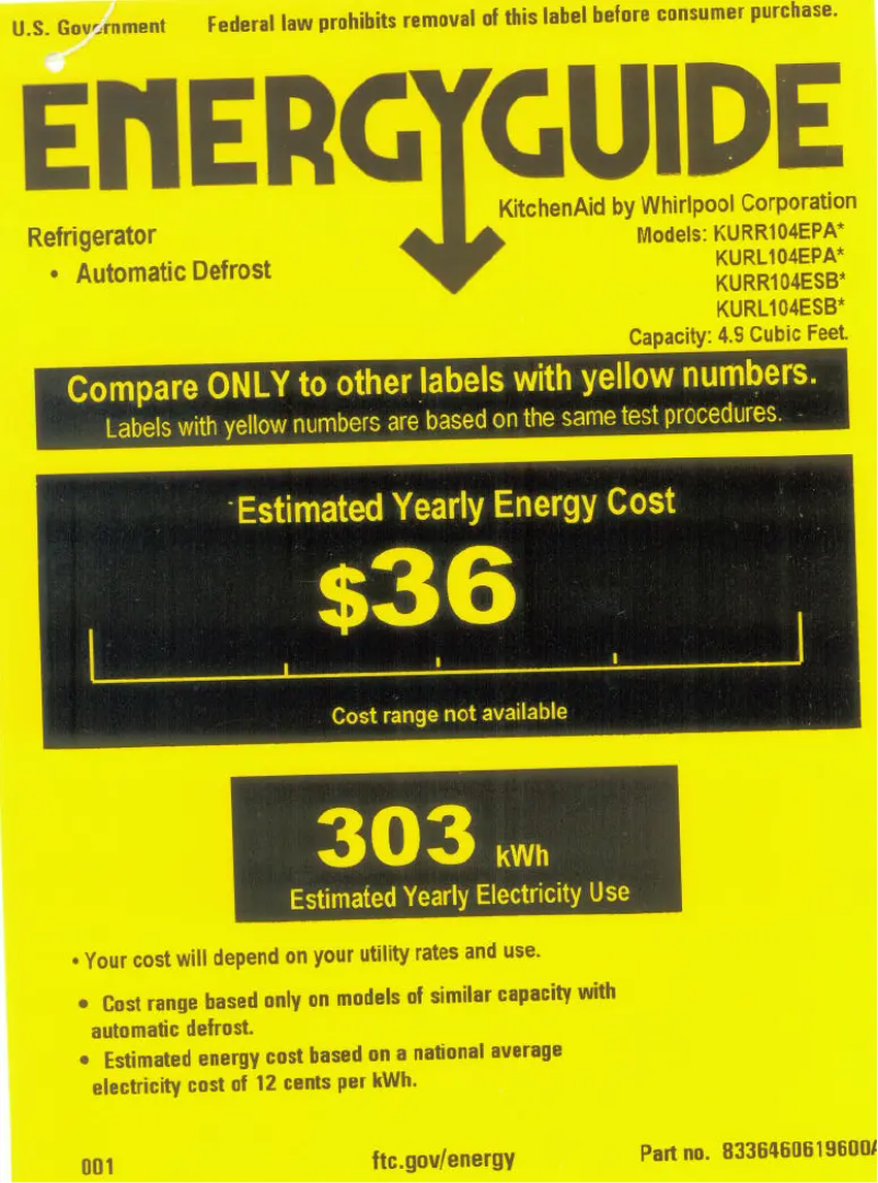 Page 1 de la notice Label énergétique KitchenAid KURR104EPA