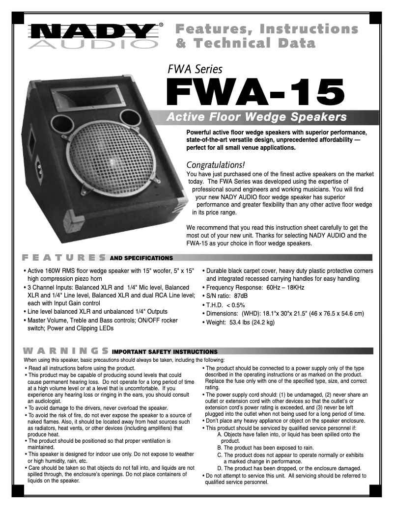 Page 1 de la notice Manuel utilisateur Nady Systems FWA-15