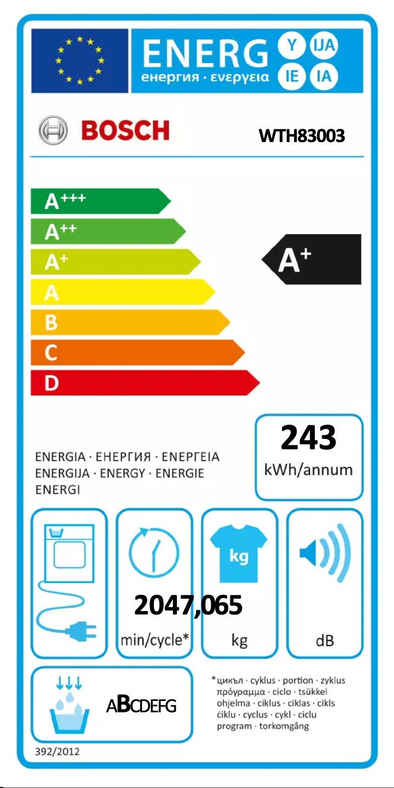 Page n°1 - Label énergétique Bosch WTH83003
