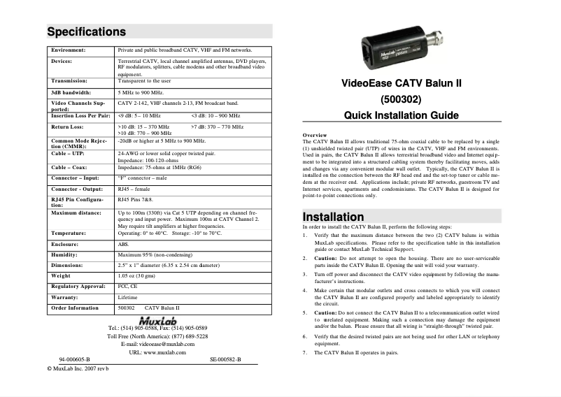 Page n°1 - Manuel utilisateur MuxLab VideoEase CATV Balun II 500302