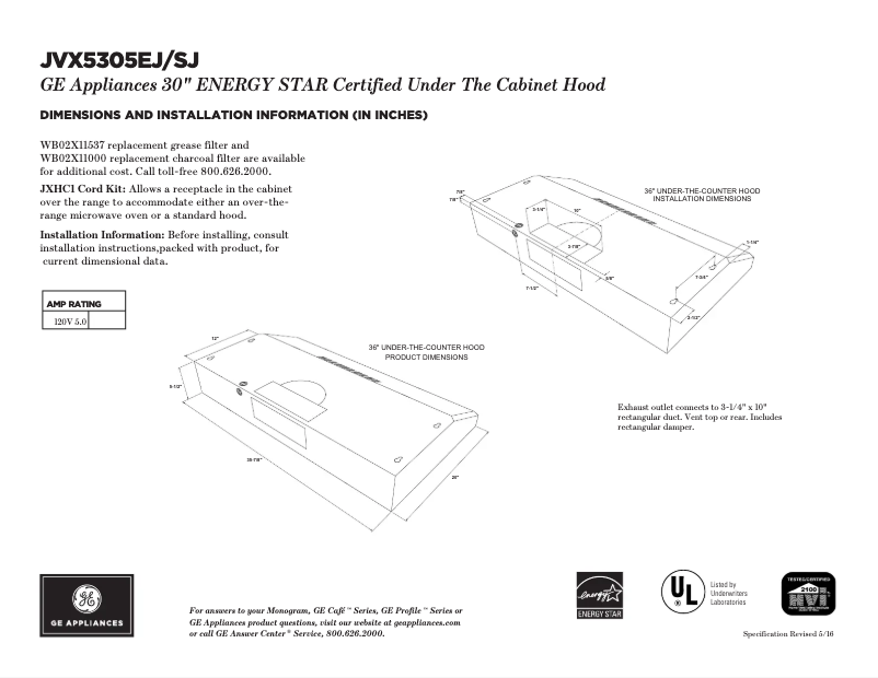 Page 1 de la notice Fiche technique GE JVX5305EJES