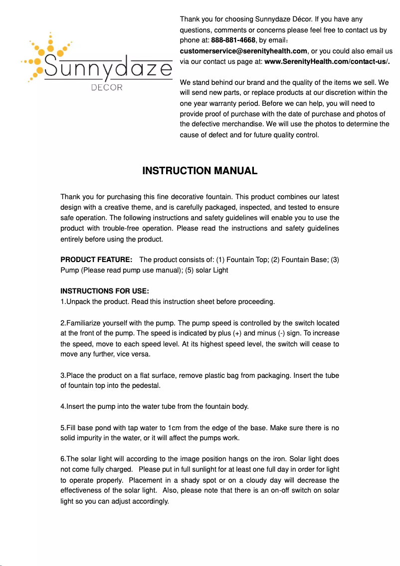Page 1 de la notice Manuel utilisateur Sunnydaze Decor WNC-382