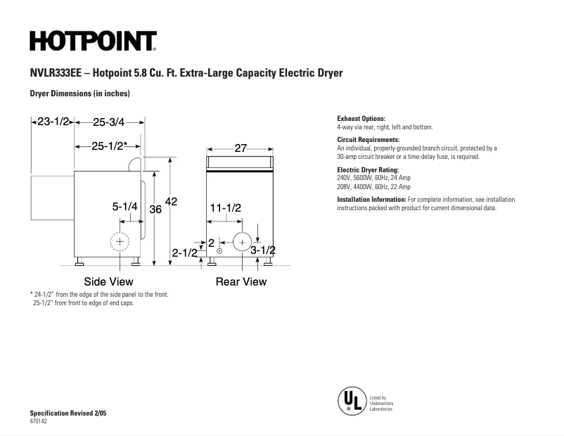 Page 1 de la notice Fiche technique Hotpoint NVLR333EECC