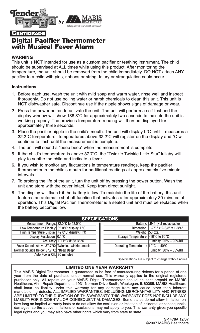 Page n°1 - Manuel utilisateur Mabis Tender Tykes Centigrade