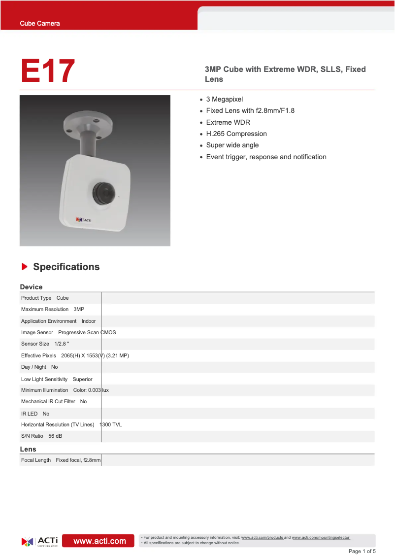 Page 1 de la notice Fiche technique ACTi E17