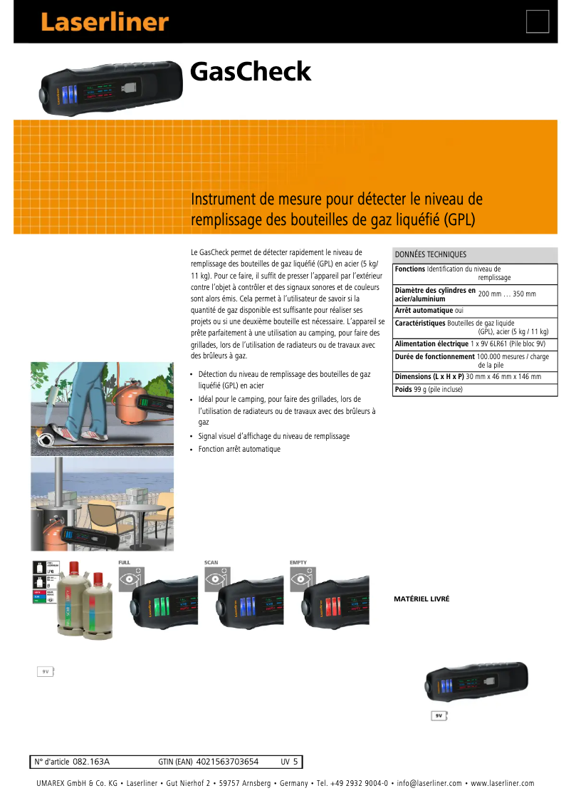Page 1 de la notice Fiche technique Laserliner GasCheck