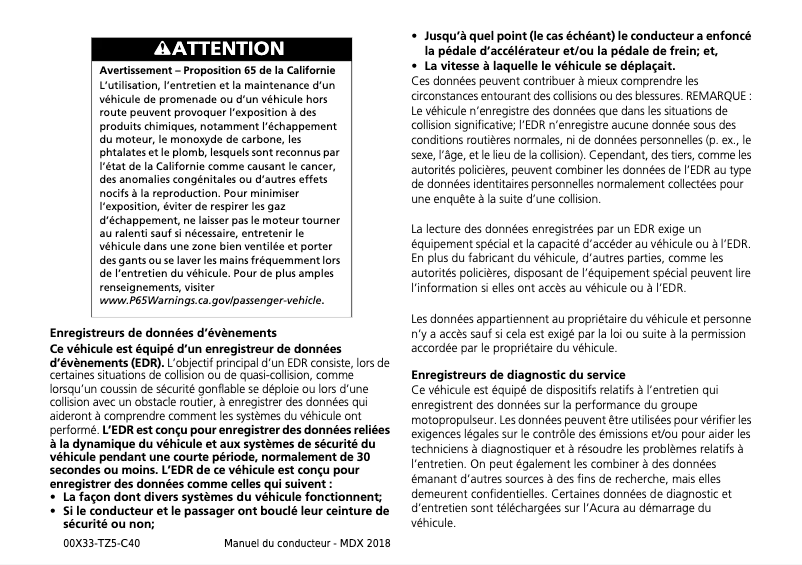 Page 1 de la notice Manuel utilisateur Acura MDX (2018)