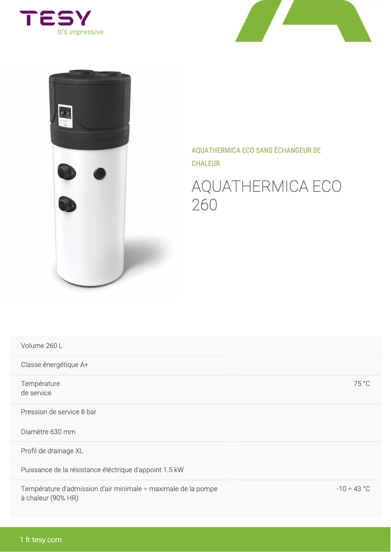Page n°1 - Fiche technique Tesy AquaThermica Eco 260
