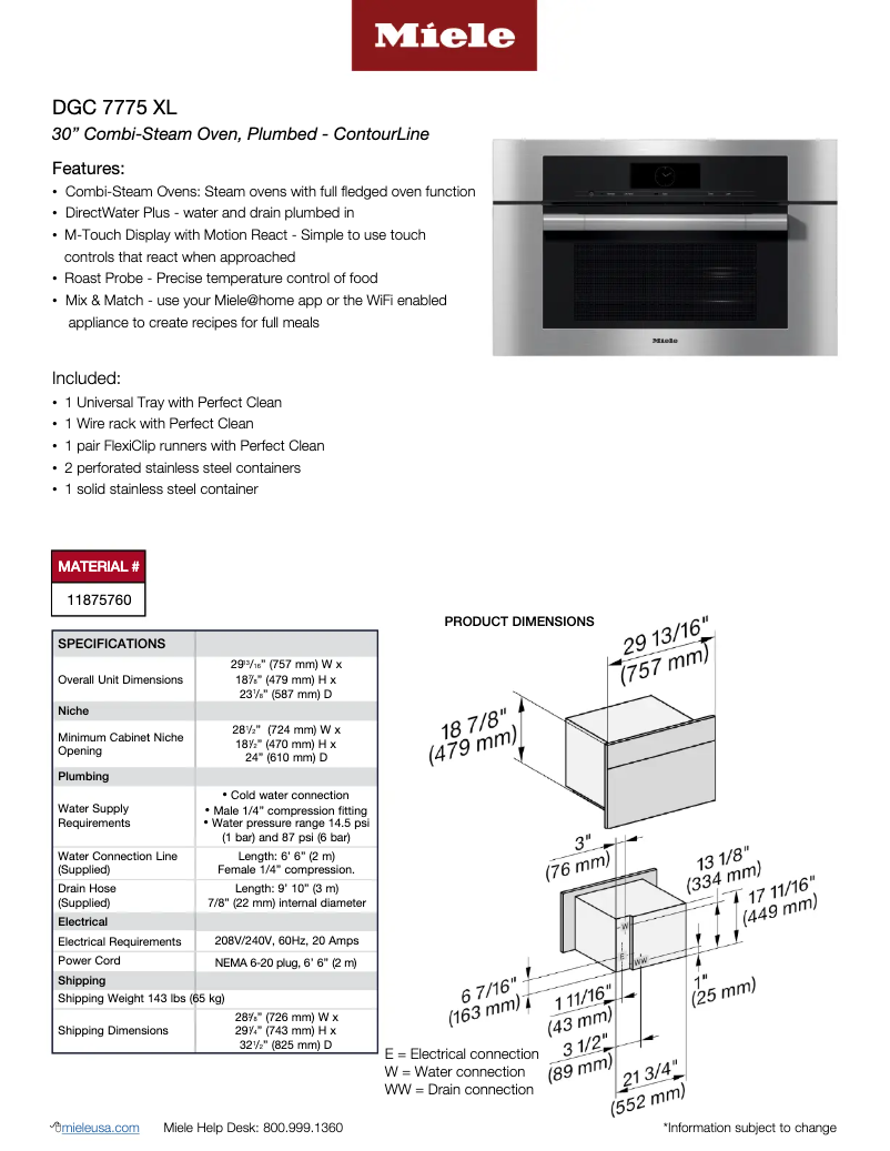 Page 1 de la notice Fiche technique Miele DGC 7775 XL