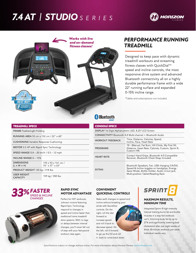 Página 1 del manual Ficha técnica Horizon Fitness 7.4AT