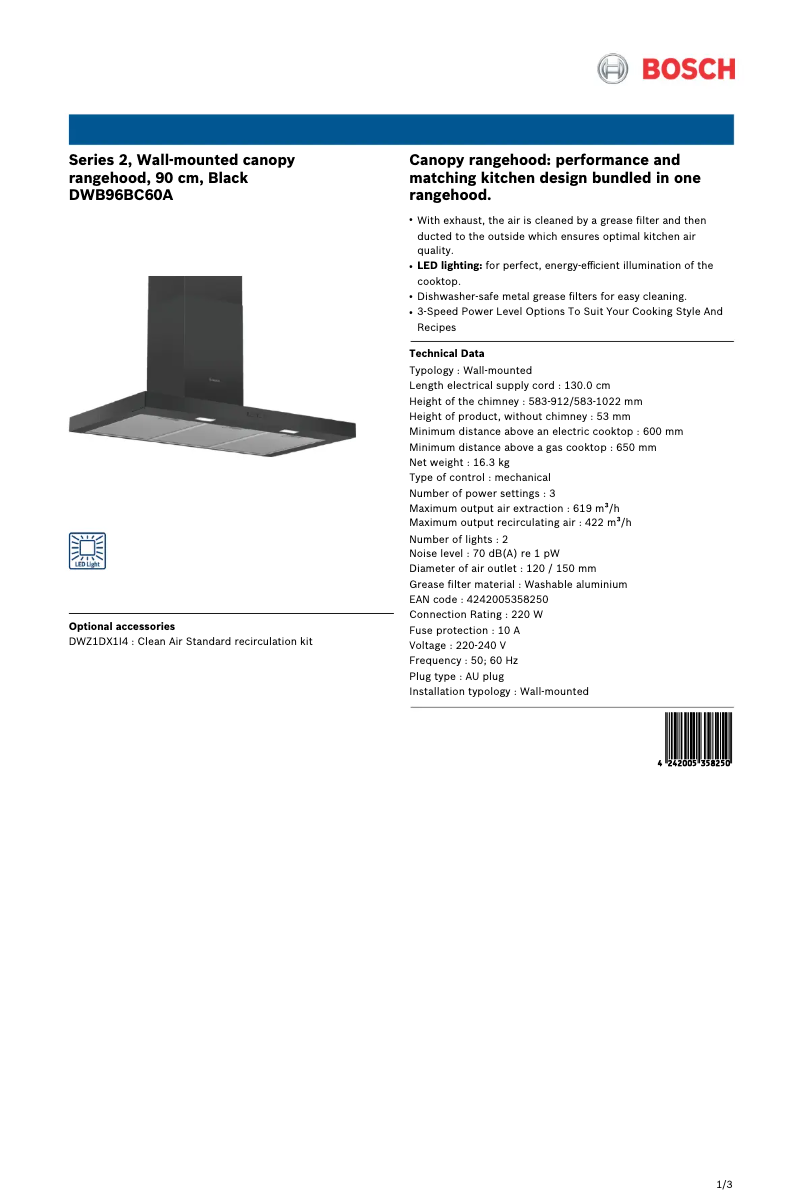 Page 1 de la notice Fiche technique Bosch DWB96BC60A