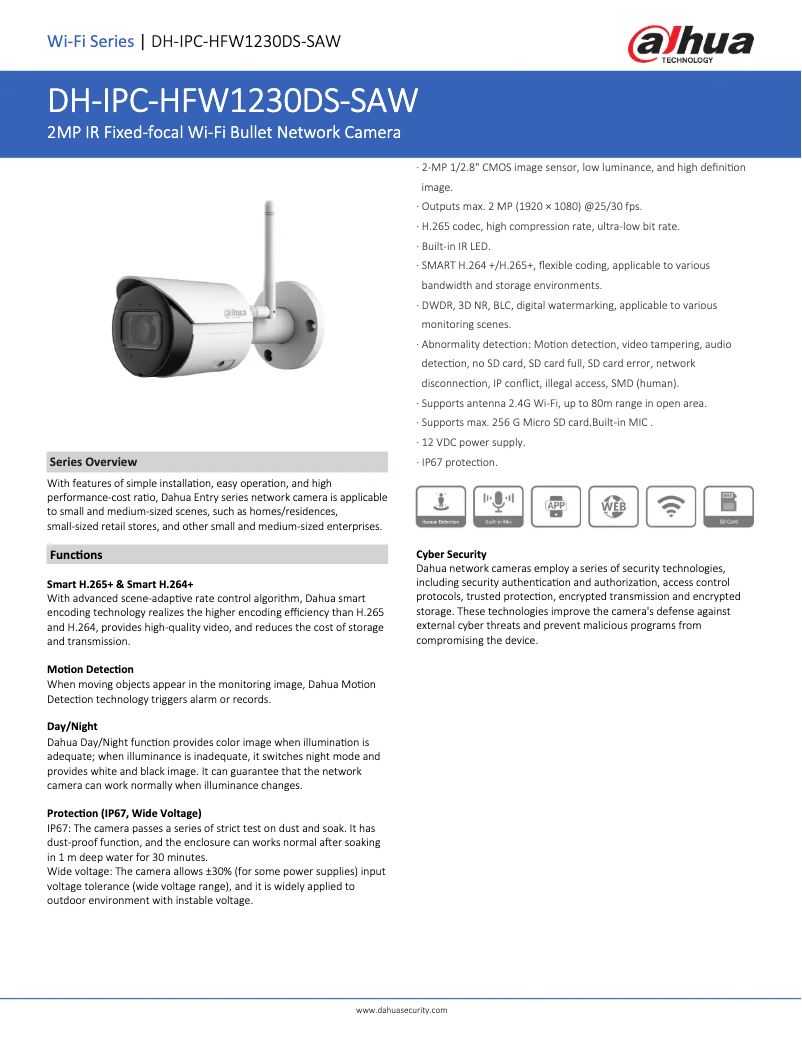 Page 1 de la notice Fiche technique Dahua Technology IPC-HFW1230DS-SAW