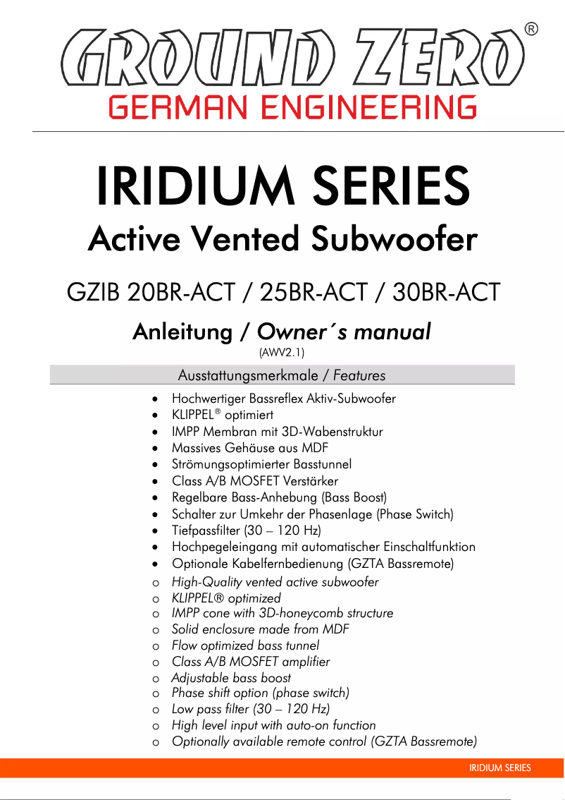 Page 1 de la notice Manuel utilisateur Ground Zero GZIB 25BR-ACT