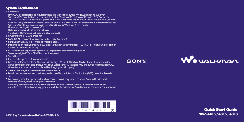 Page n°1 - Guide d'installation Sony NWZ-A815