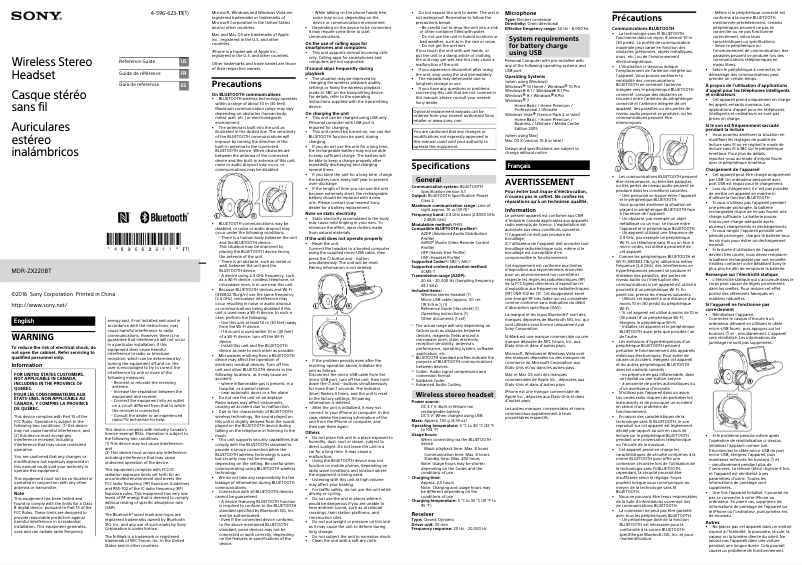 Image de la première page du manuel de l'appareil MDR-ZX220BT