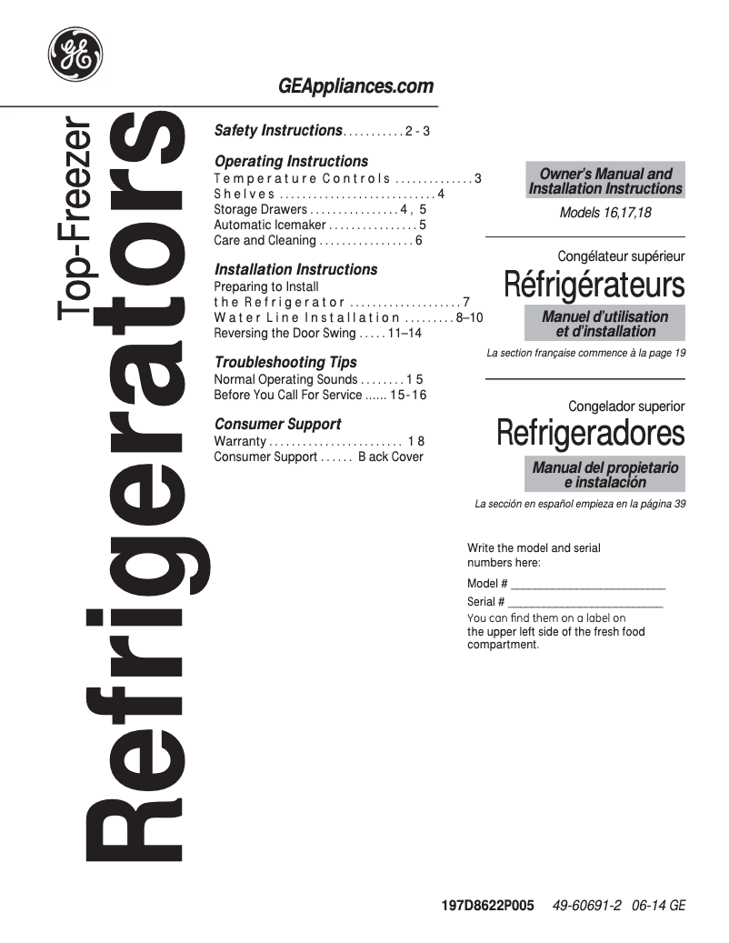 Page 1 de la notice Guide d'installation GE GTS18GBEBB