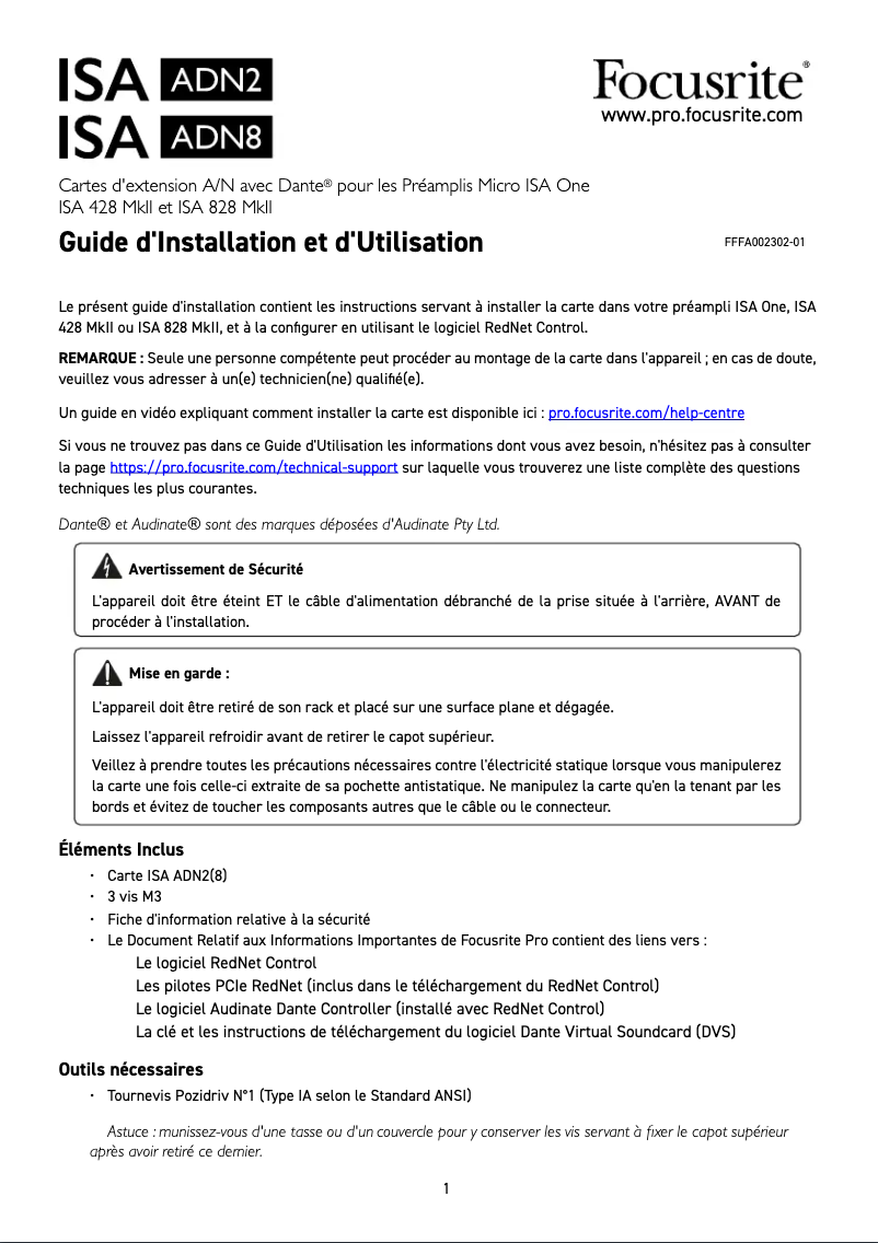 Page 1 de la notice Guide d'installation Focusrite ISA 428 MkII