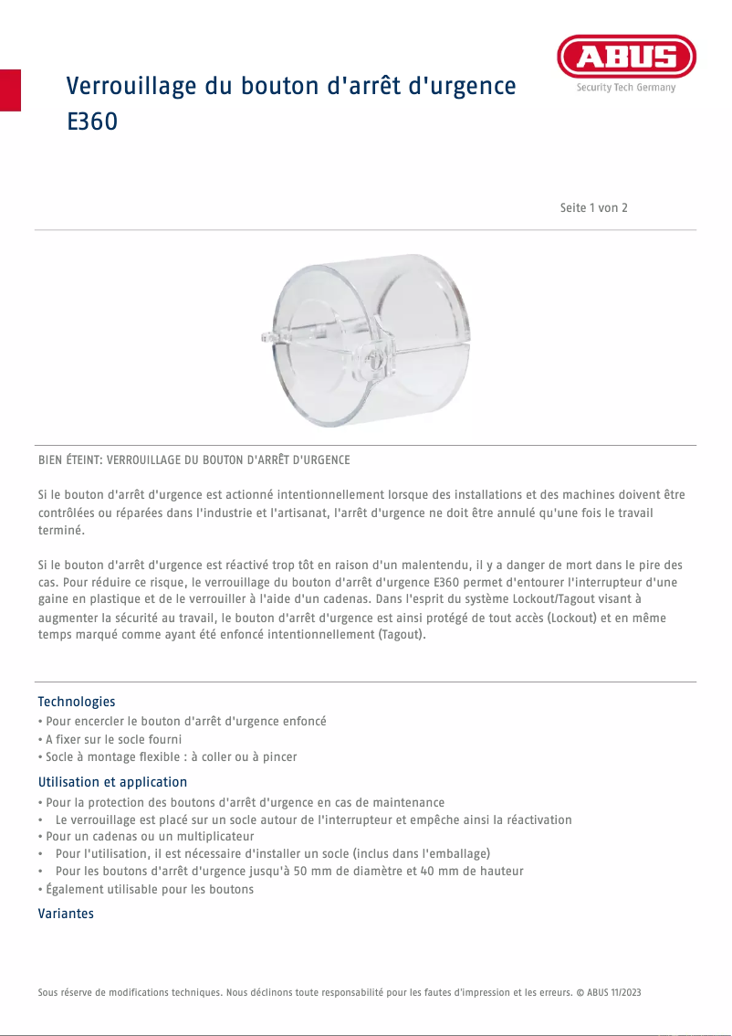 Page n°1 - Fiche technique Abus E360