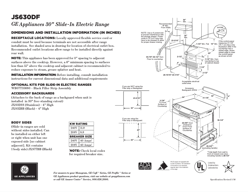 Page 1 de la notice Fiche technique GE JS630DFBB
