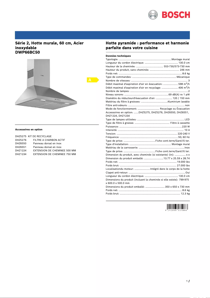 Page 1 of the manual Technical Sheet Bosch DWP66BC50