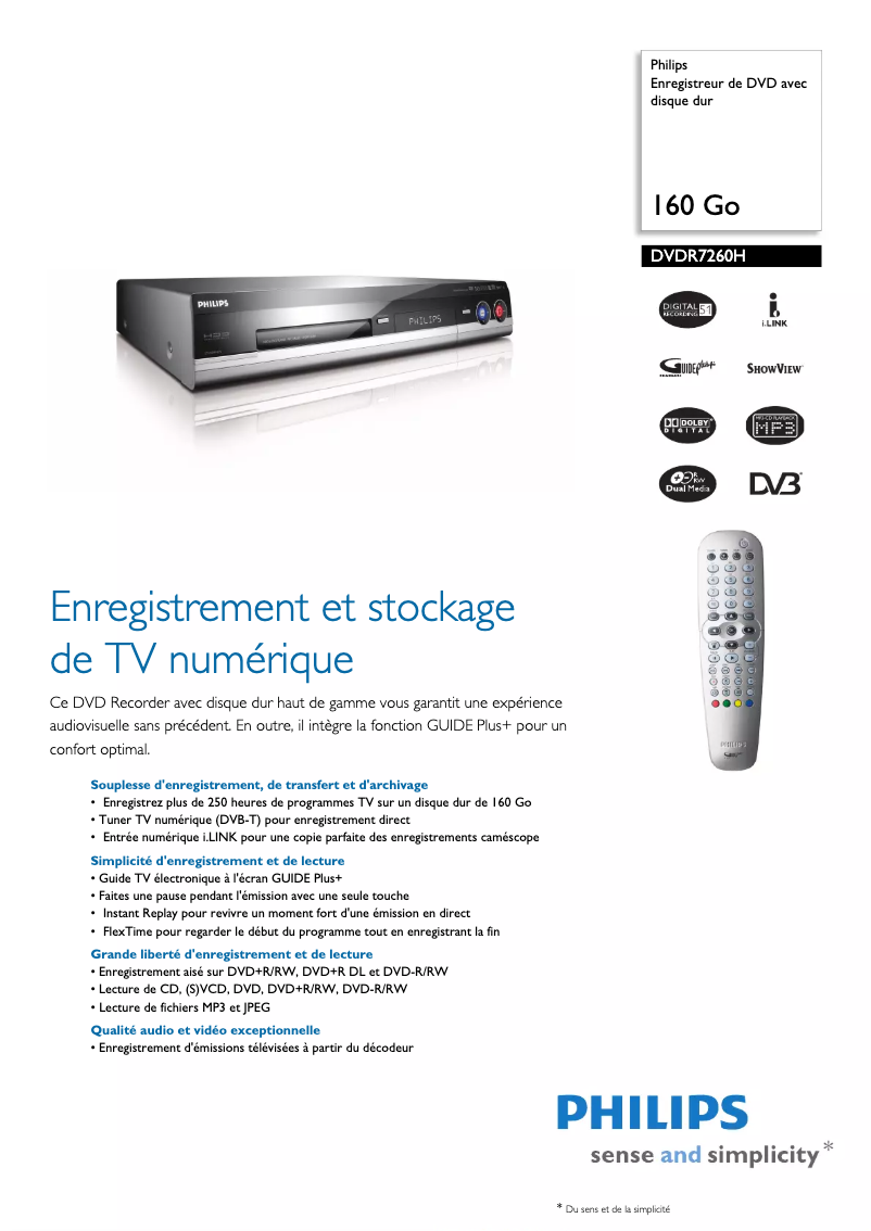 Page 1 de la notice Fiche technique Philips DVDR7260H