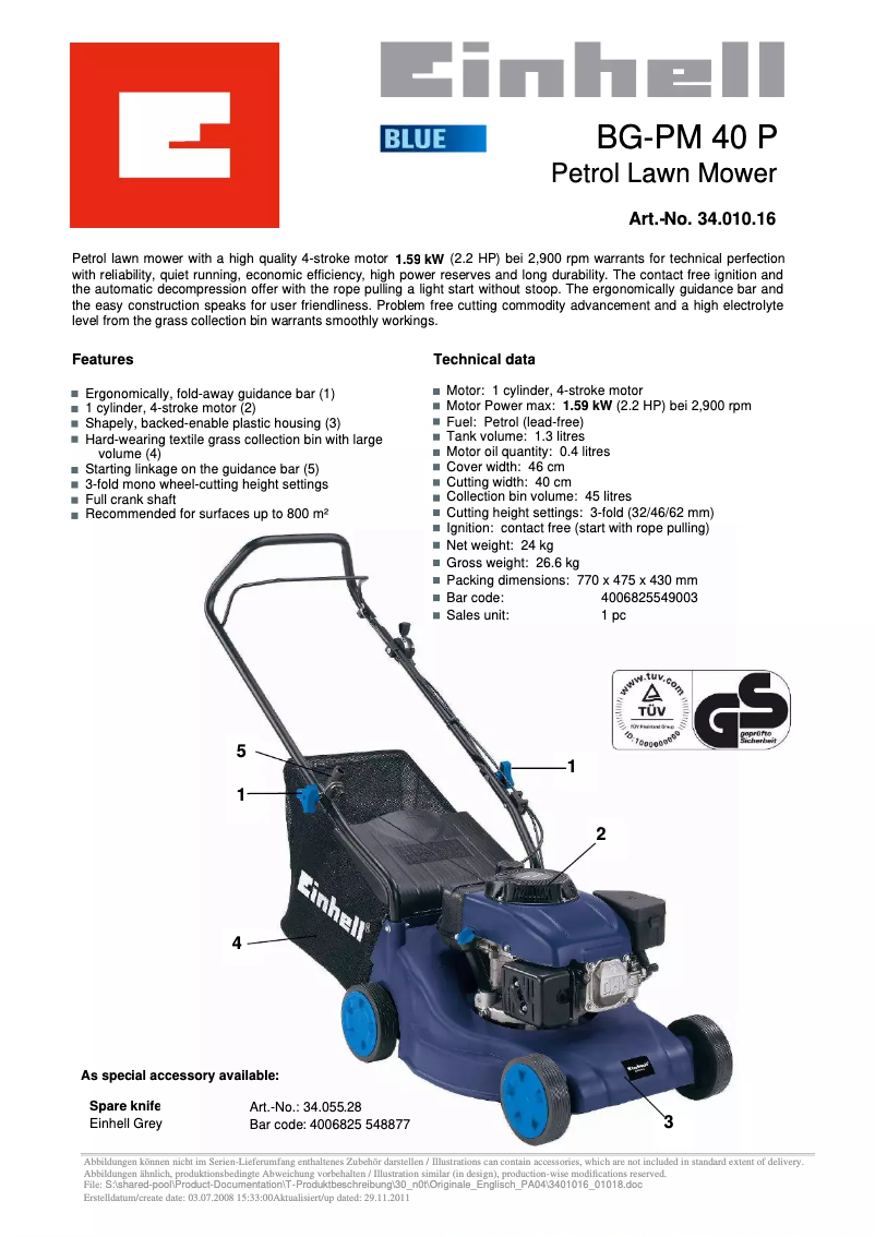 Page n°1 - Fiche technique Einhell BG-PM 40 P