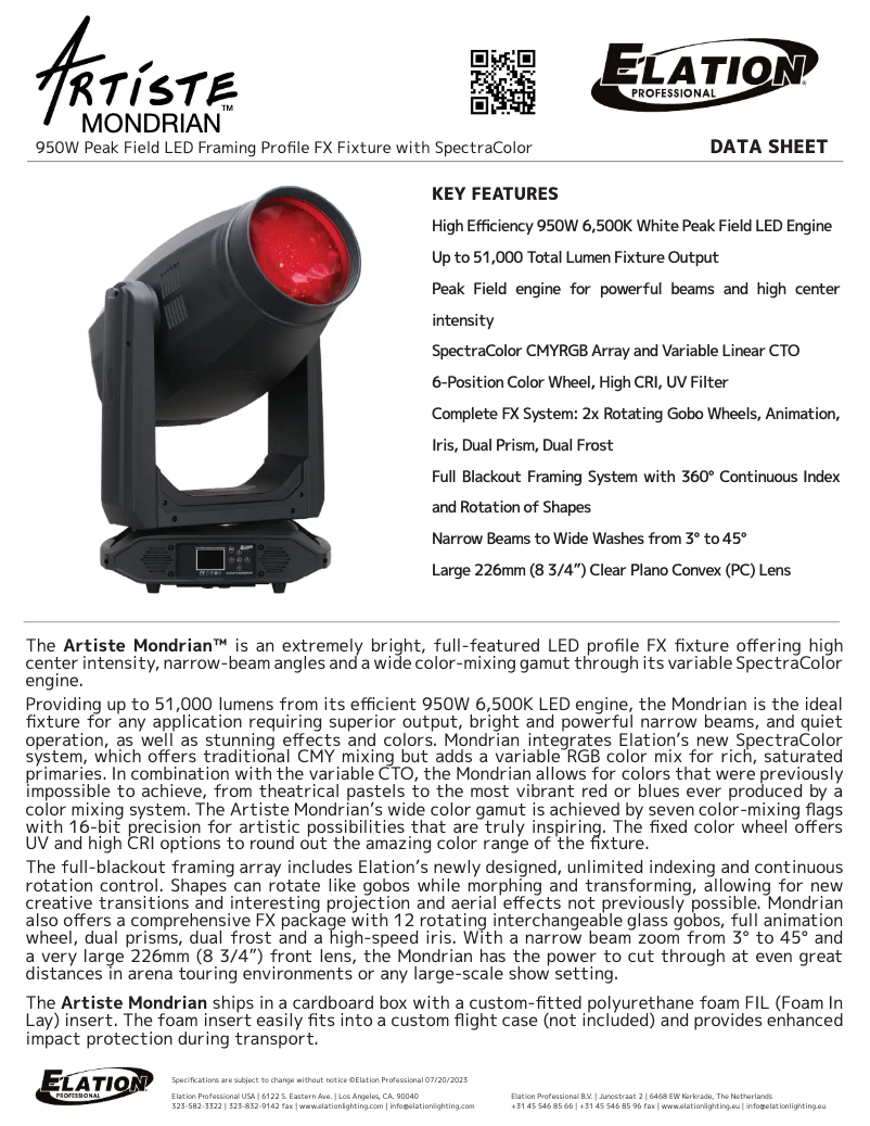 Page 1 of the manual Technical Sheet Elation Artiste Mondrian