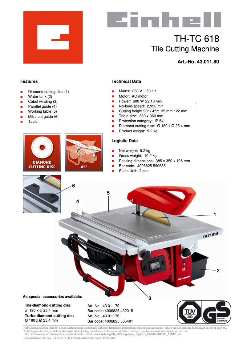 Page 1 de la notice Fiche technique Einhell TH-TC 618