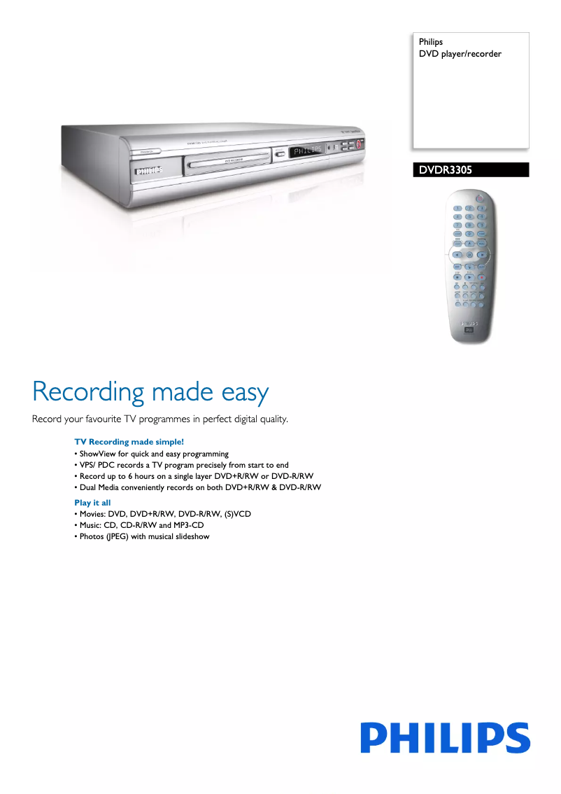 Page 1 de la notice Brochure Philips DVDR3305