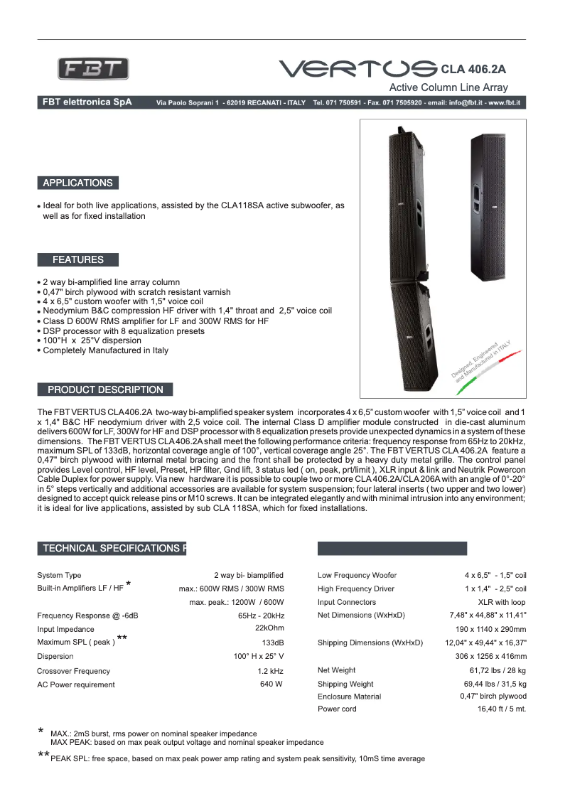 Page n°1 - Fiche technique FBT Vertus CLA 406.2 A