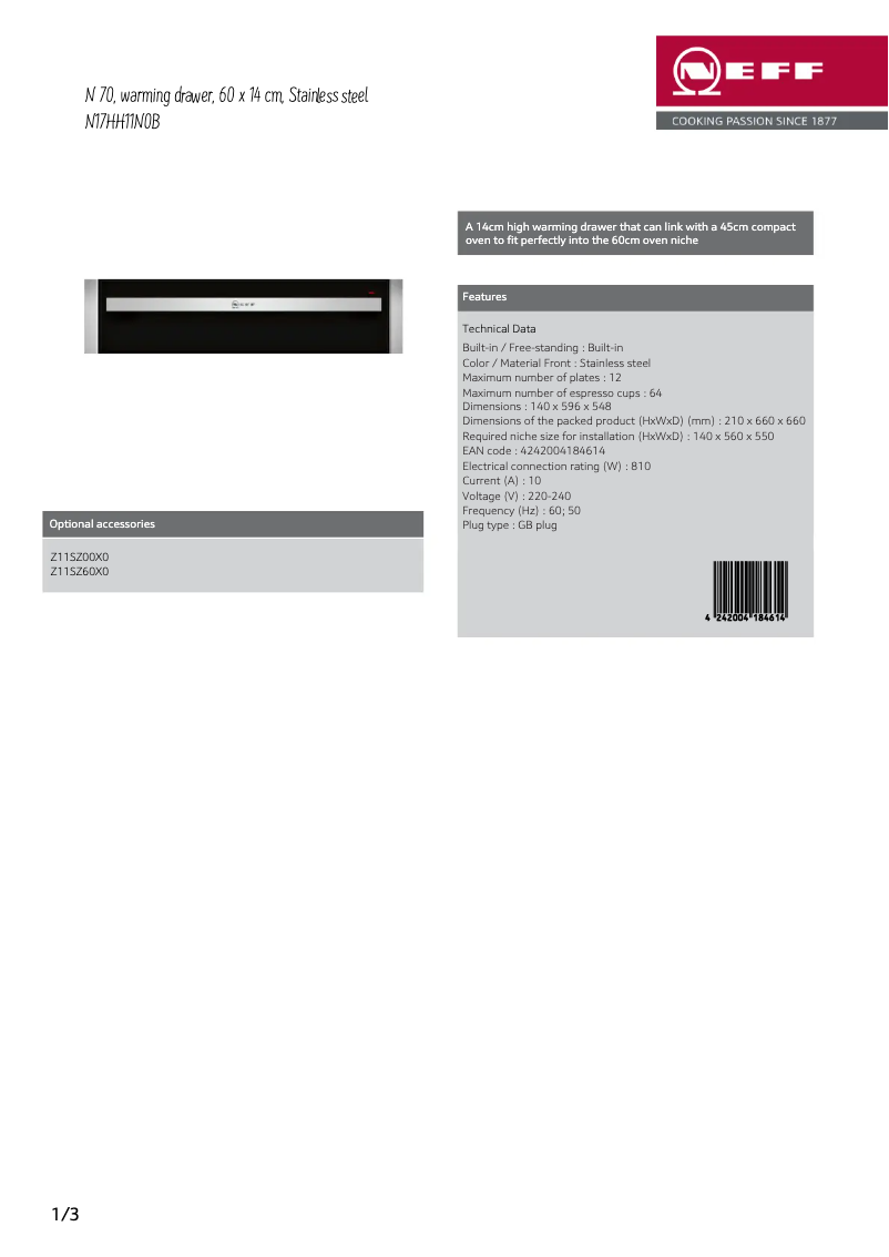 Page n°1 - Fiche technique Neff N17HH11N0B