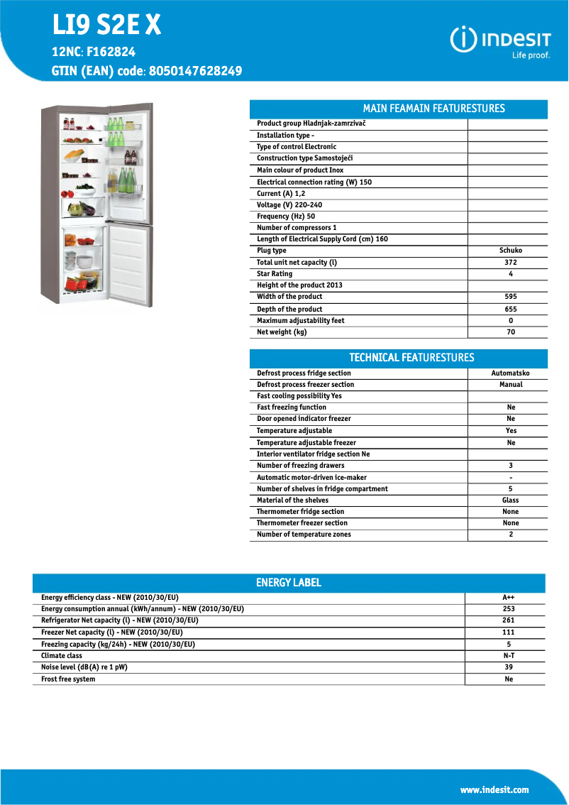 Page n°1 - Fiche technique Indesit LI9 S2E X