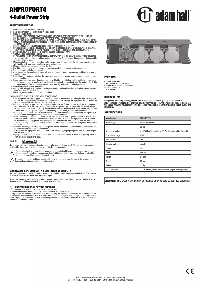 Page 1 de la notice Manuel utilisateur Adam Hall AHPROPORT4